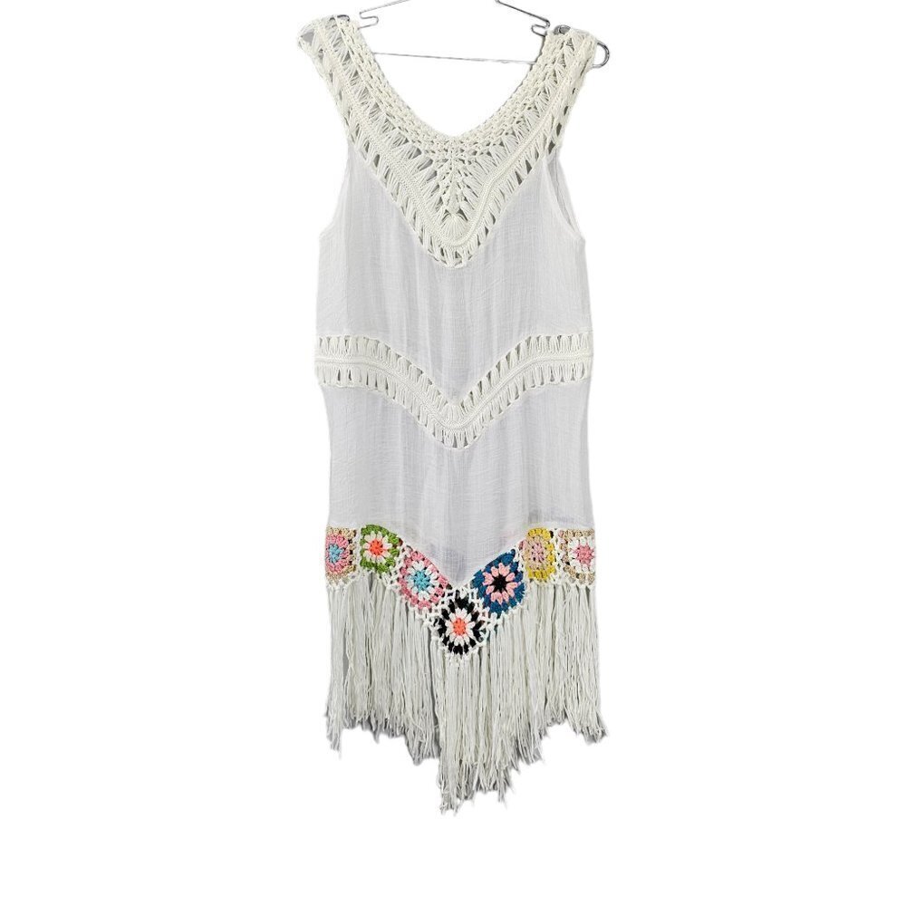 🏆049 Bohemian Crochet Fringe White Multi Sleeveless Swimsuit Coverup
